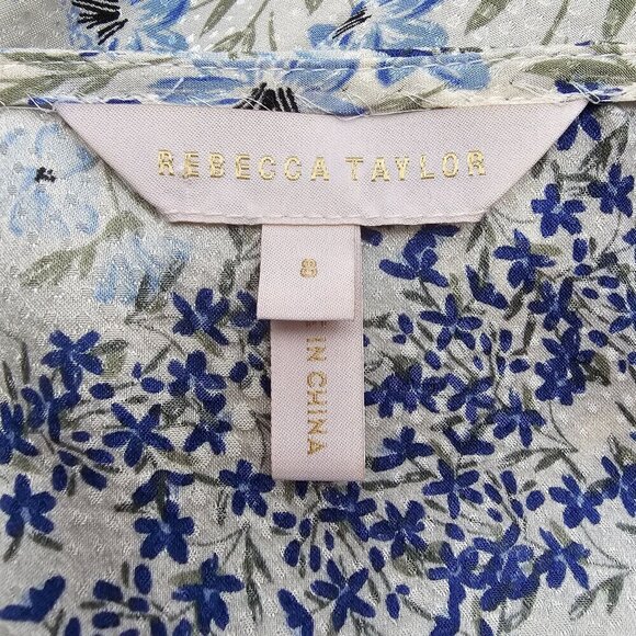 100% Silk Rebecca Taylor Blue & White Floral Dress With Ruffled Size 8 - Picture 4 of 10